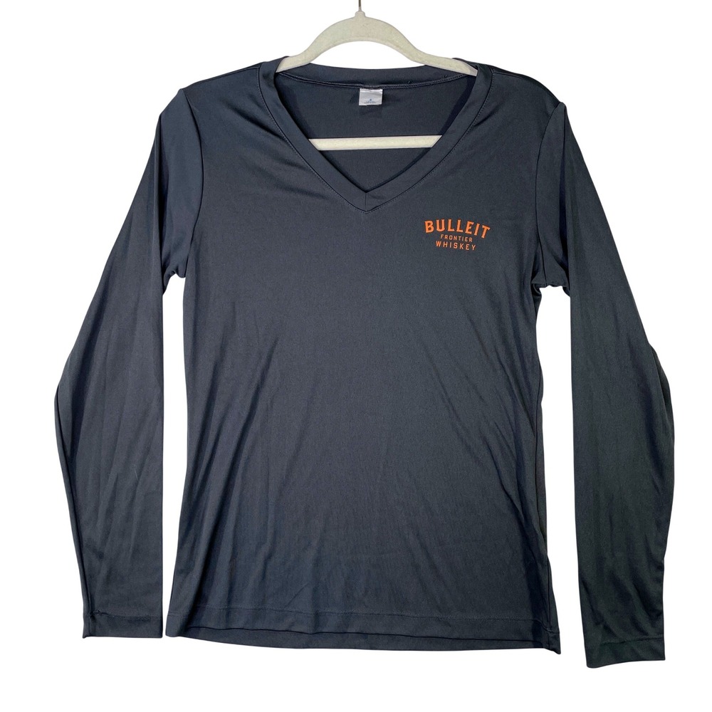 Bulleit Frontier Whiskey Long Sleeve V-Neck Performance Shirt Gray Womens Small